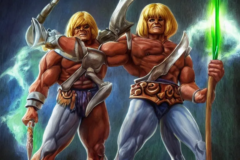Prompt: realistic he - man, holding the power of grayskull, award winning photo, hd, high detailed