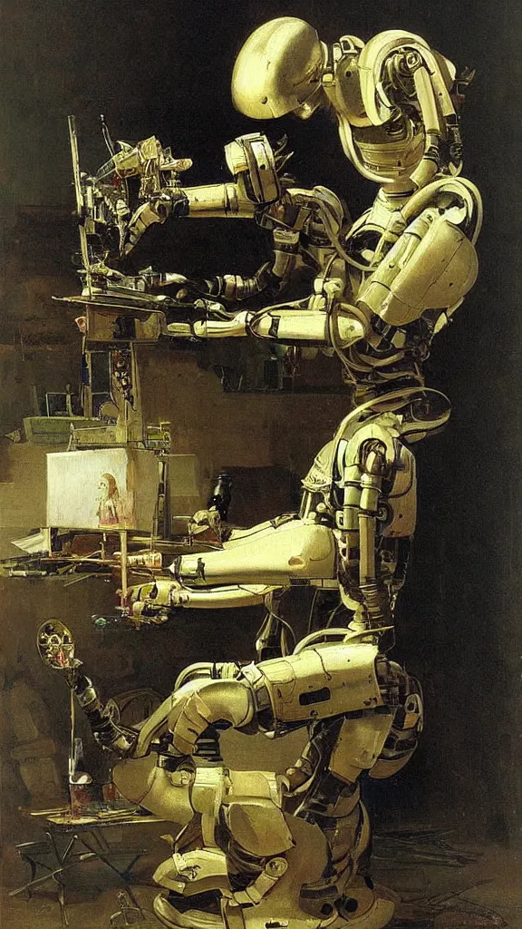 Image similar to robot artist painting a canvas, the painting is of a robot. intricate, highly detailed, photorealistic, film still, by carl spitzweg.