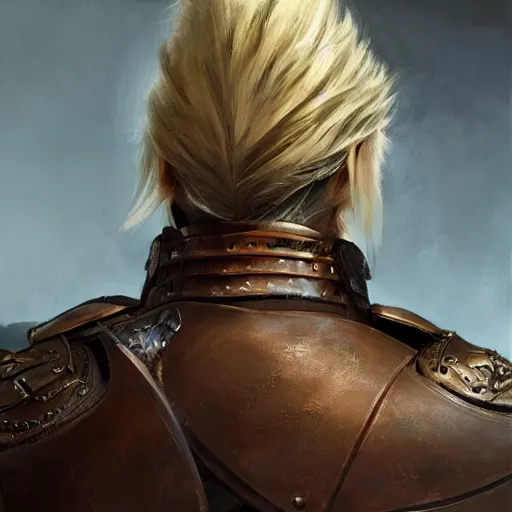 Image similar to rear side portrait of a muscular, ponytail haired blonde man with a armored left arm, wearing a brown leather coat, looking to his left, DnD, fantasy, detailed, digital art by Ruan Jia