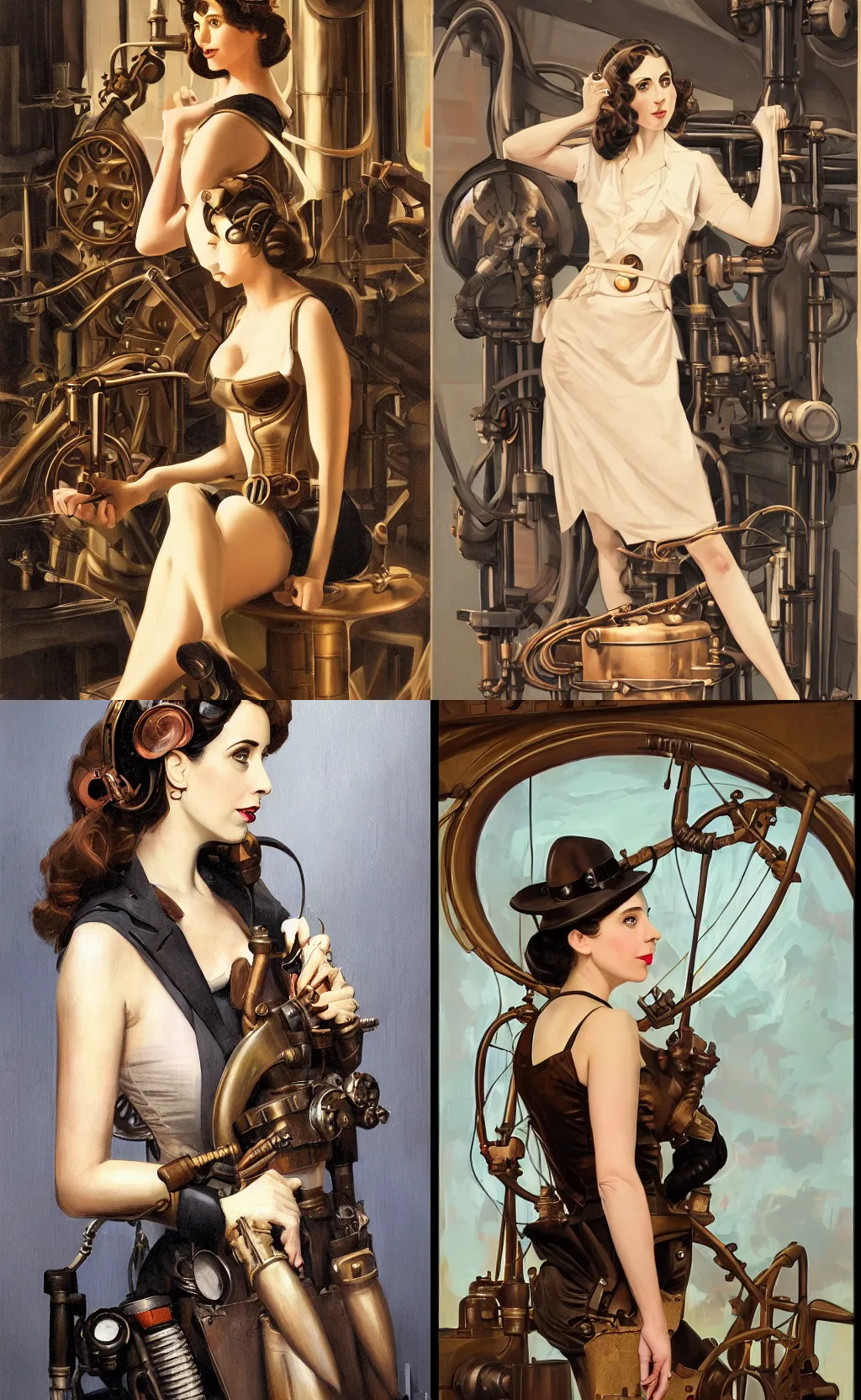 Prompt: in the style of J. C. Leyendecker, steampunk Alison Brie working on a machine, sunrise beautiful day, diffuse lighting