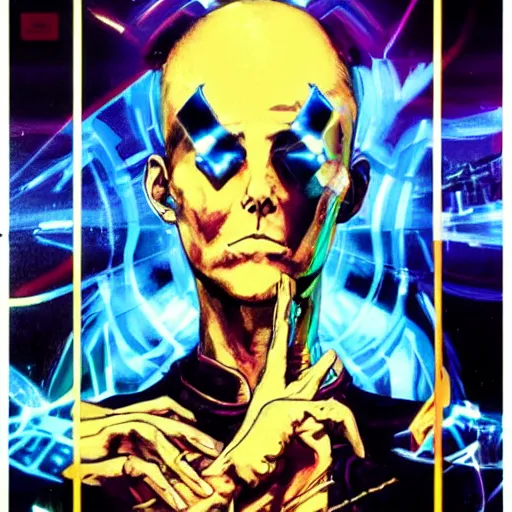 Image similar to portrait of the hacker cyberpunk magician in a dramatic jojo pose tarot card, golden blue outfit, oil on canvas by yoji shinkawa and esao andrews and raoul ruiz