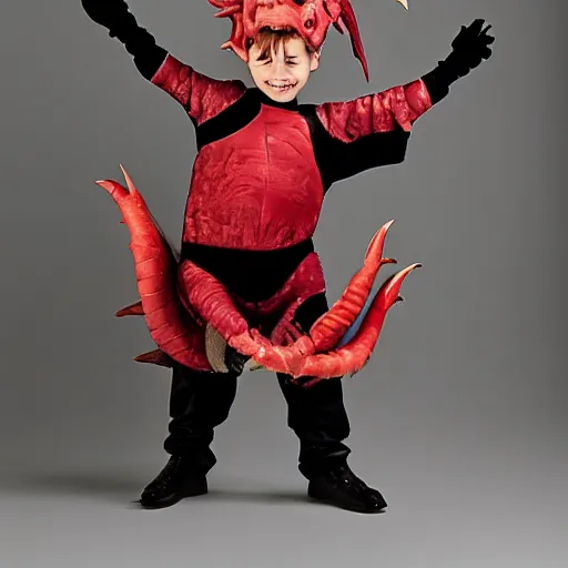 Prompt: by herve guibert, by georg baselitz soft fish - eye lens. a conceptual art of a young boy disguised as a dragon. the boy is shown wearing a costume with dragon - like features, including a long tail, wings, & horns. he has a large grin on his face, suggesting that he is enjoying his disguise.