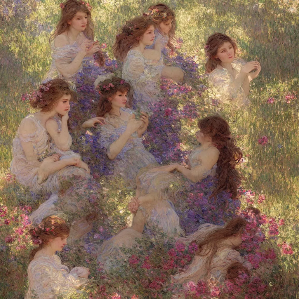 Prompt: illustration studio portrait of three beautiful seraphim girls in an artistic pose resting in nature, monet painterly motives and textures pattern, hyper detailed, octane render, vivid colors, artstation, by jeremy mann, by alphonse mucha, by monet