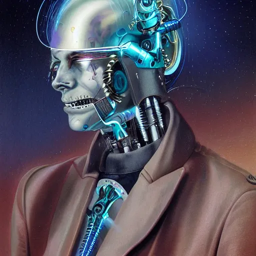 Prompt: an amish cyborg with one robotic eye, electrical charges sparkling within his hair, highly detailed by peter mohrbacher, hajime sorayama, wayne barlowe, boris vallejo, aaron horkey, gaston bussiere, craig mullins