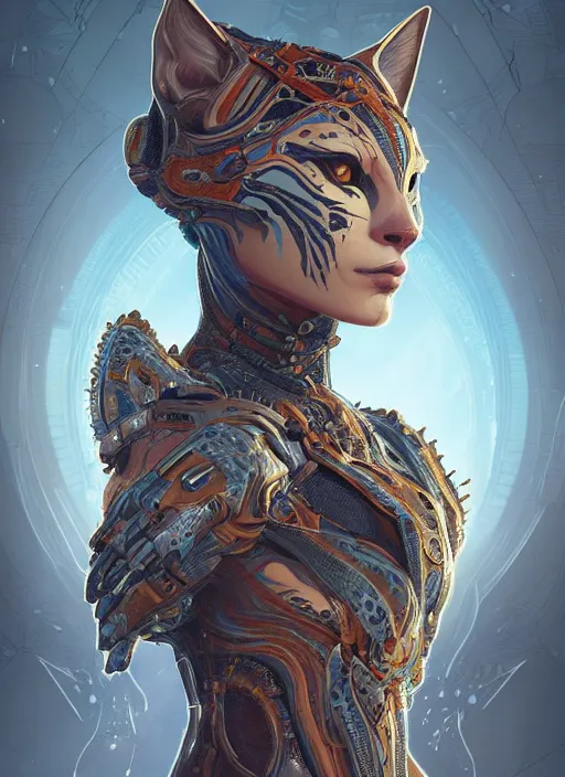 Image similar to symmetry!! portrait of cat alien in the style of horizon zero dawn, machine face, intricate, elegant, highly detailed, digital painting, artstation, concept art, smooth, sharp focus, illustration, art by artgerm and greg rutkowski and alphonse mucha, 8 k