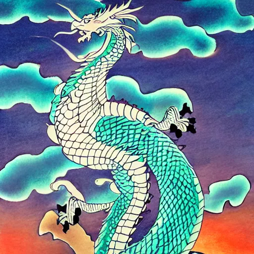 Image similar to Snow-white dragon Haku frolics in the sunset sky, Japanese painting, pastel colors