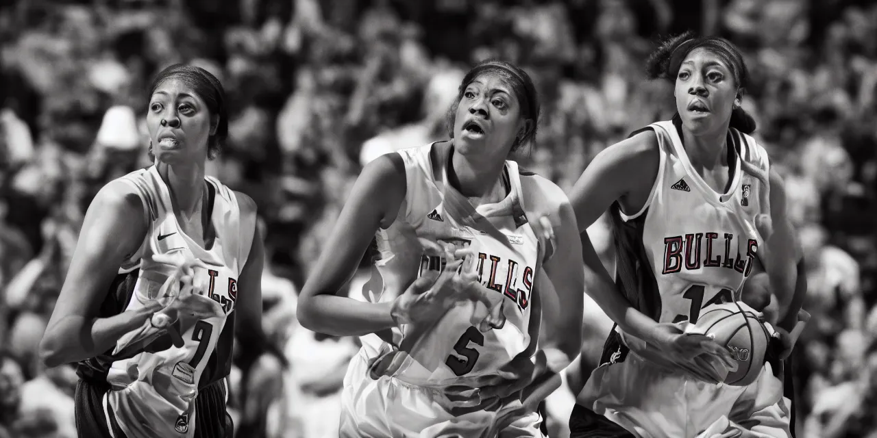 Image similar to candace parker in bulls jersey, high contrast, high saturation cinematic film still