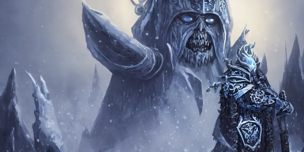 Prompt: the lich king from world of warcraft sitting on the frozen throne trending on artstation