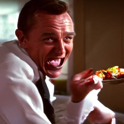 Image similar to James Bond laugh in front of his food
