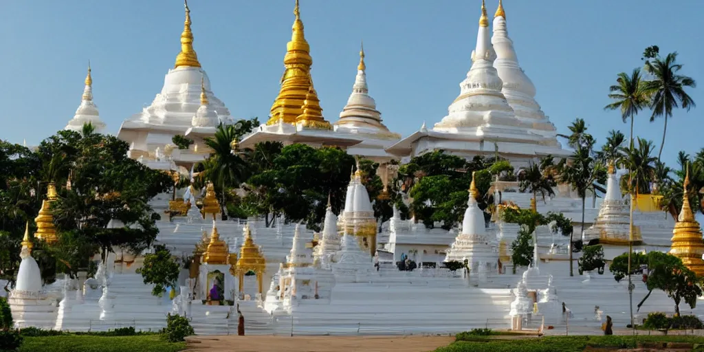 Image similar to sri lankan temple with white stupa, drawn by hayao miyazaki