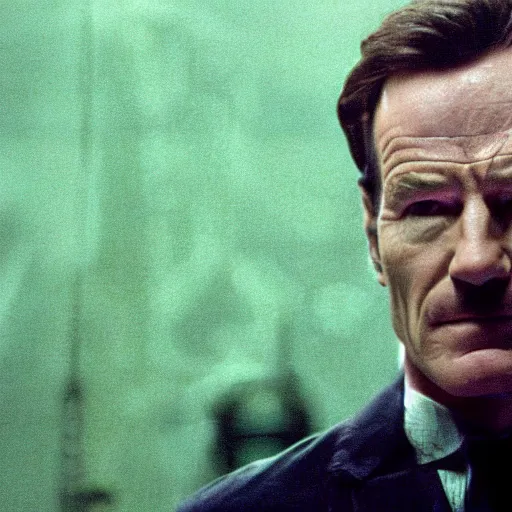 Image similar to film still of Bryan Cranston as Neo in The Matrix (1999), light green tint, film grain, dof