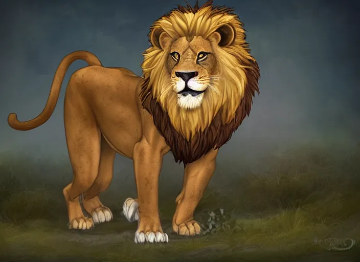Prompt: fullbody feral lion character design of an egyptian lion. deviantart adoptable, style of maple story and zootopia, portrait studio lighting by jessica rossier and brian froud in the style of disney, traditional
