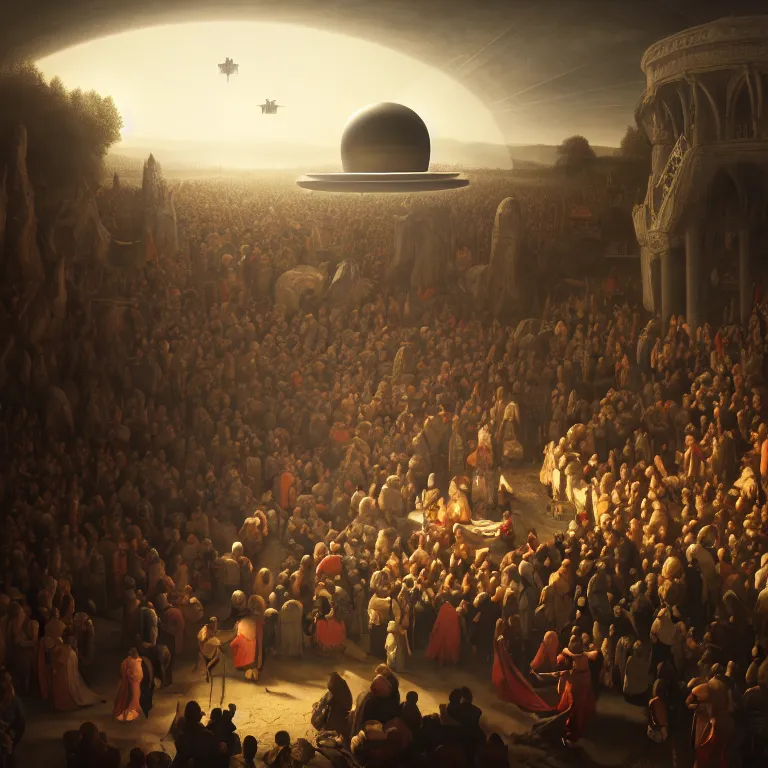 Prompt: crowd of medieval people surrounding UFO flying saucer, dream-like atmosphere, baroque painting, beautiful detailed intricate insanely detailed octane render trending on Artstation, 8K artistic photography, photorealistic, soft natural volumetric cinematic light, chiaroscuro, award-winning photograph, masterpiece, Raphael, Caravaggio, Greg Rutkowski, Beeple