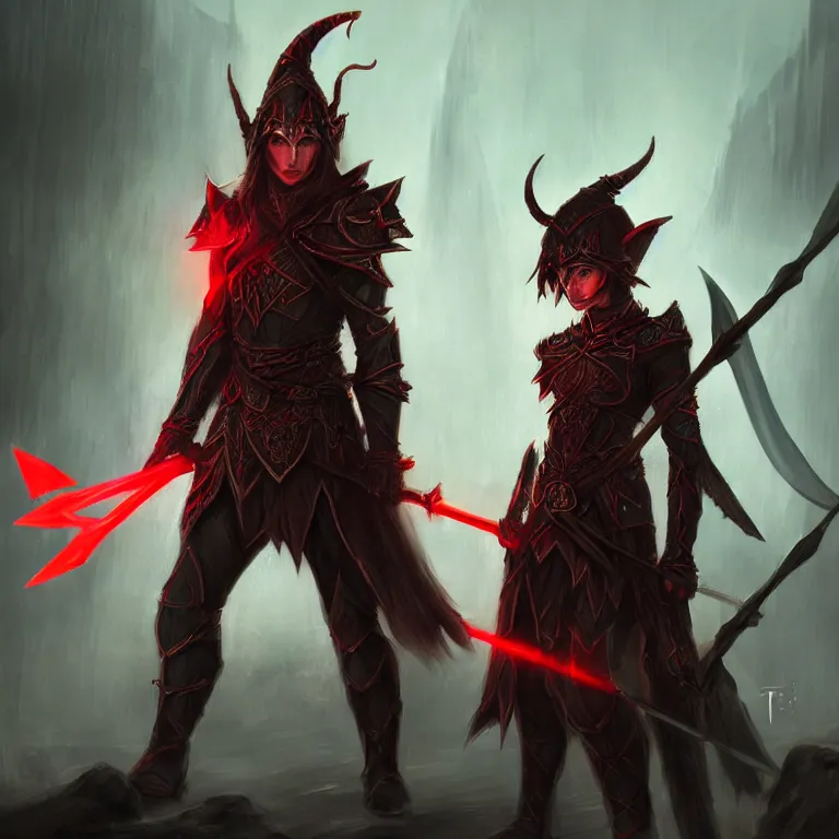 Prompt: A fantasy warrior elf having glowing red eyes. Holding bow and arrow. Wearing armor. Intricate. Elegant portrait with gloomy cinematic background. Sharp focus. Concept art by Tian Zi