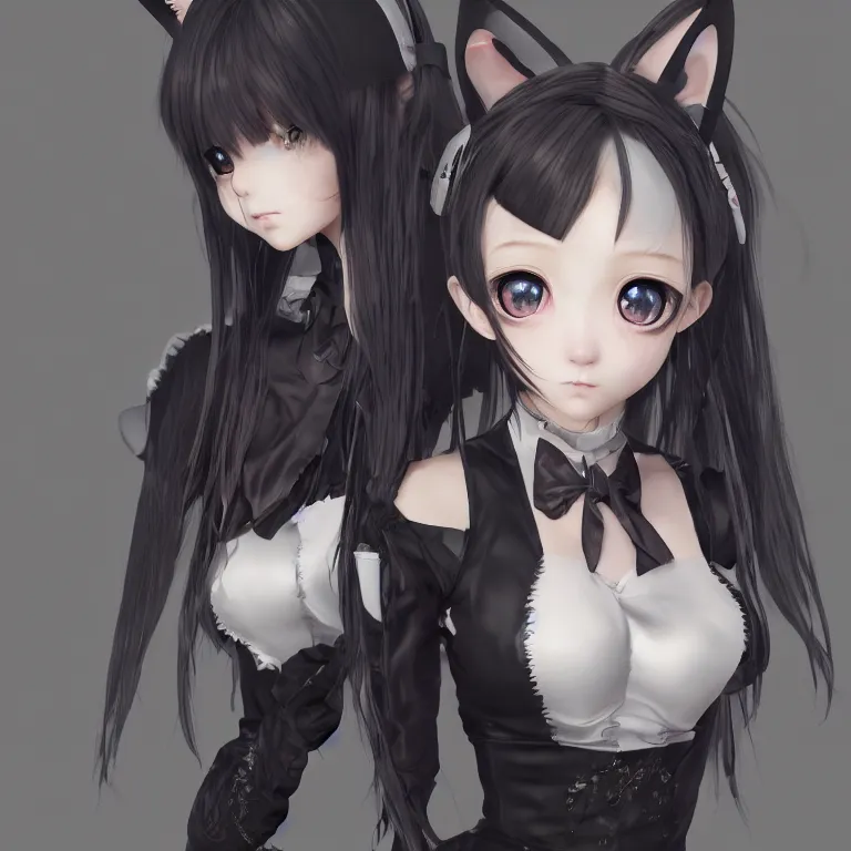 Prompt: 3D realistic Anime render of a Cute cat Gothiclolita Robot , Artstation, 1970S By Ross Tran And Wlop, clear cute face, head-and-shoulders shot,Studio Lighting, Highly detailed