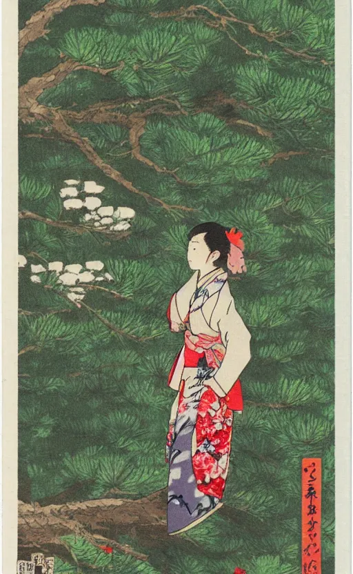 Prompt: matte, girl next to a japanese crane bird in japanese pines, trading card front, kimono, realistic anatomy, concept art, by studio ghibli, miyakazi, sun in the background