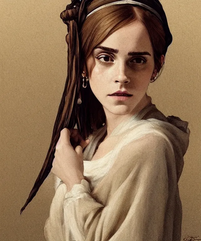 Image similar to Emma Watson as the girl with the pearl earring, highly detailed, digital painting, artstation, concept art, smooth, sharp focus, illustration, ArtStation, art by artgerm and greg rutkowski and alphonse mucha and J. C. Leyendecker and Edmund Blair Leighton and Katsuhiro Otomo and Geof Darrow and Phil hale and Ashley wood and Ilya repin and Charlie Bowater