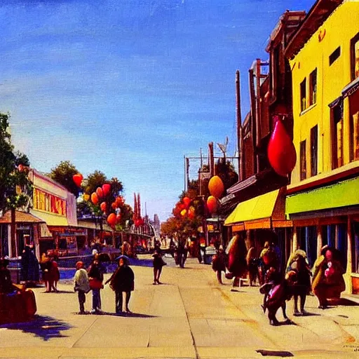 Image similar to Santa cruz main street, early morning with people and children with baloons walking around, eugène de lacroix painting, aesthetic,