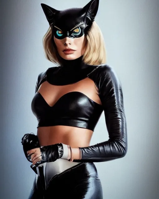 Prompt: portrait of margot robbie with a cat woman costume, full body shot, highly detailed, beautiful eyes, beautiful face, detailed face, cinematic, digital art, sharp