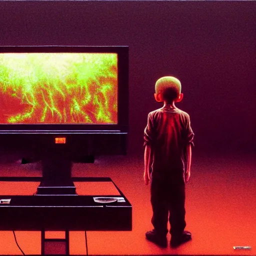 Image similar to 8k professional photo of an 8 years old enlightened and scared boy standing in front of an old computer from 90s with a game doom2 at the monitor screen in a vr vaporwave space, Beksinski impasto painting, part by Adrian Ghenie and Gerhard Richter. art by Takato Yamamoto, masterpiece. still from a movie by Gaspar Noe and James Cameron