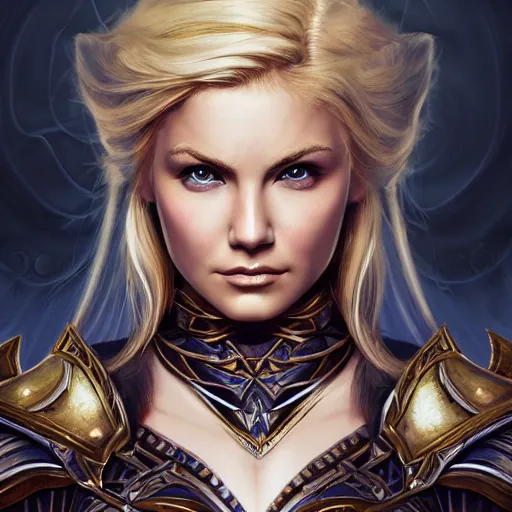 Prompt: head-on centered symmetrical painted portrait, Elisha Cuthbert as a paladin, blonde hair, Level 2 RPG armour, dramatic lighting, intricate, fantasy, intricate, elegant, highly detailed, digital painting, smooth, sharp focus, illustration, dramatic lighting, artstation, in the style of Artgerm and Anna Podedworna