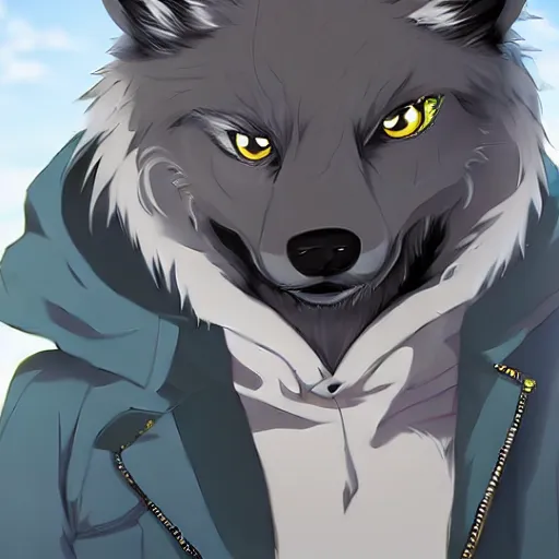 Image similar to key anime visual portrait of an anthropomorphic anthro wolf fursona, in a jacket, with handsome eyes, official modern anime art