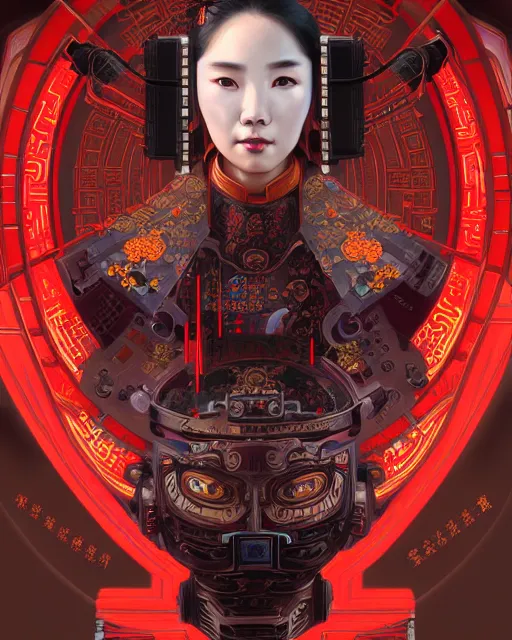 Image similar to portrait of a chinese cyberpunk machine, machine face, robed, upper half portrait, decorated with chinese opera motifs regal royal machine robot cyberpunk fine china, wuxia, traditional chinese art intricate intense elegant highly detailed digital painting artstation concept art smooth sharp focus illustration, art by artgerm and greg rutkowski alphonse mucha 8 k