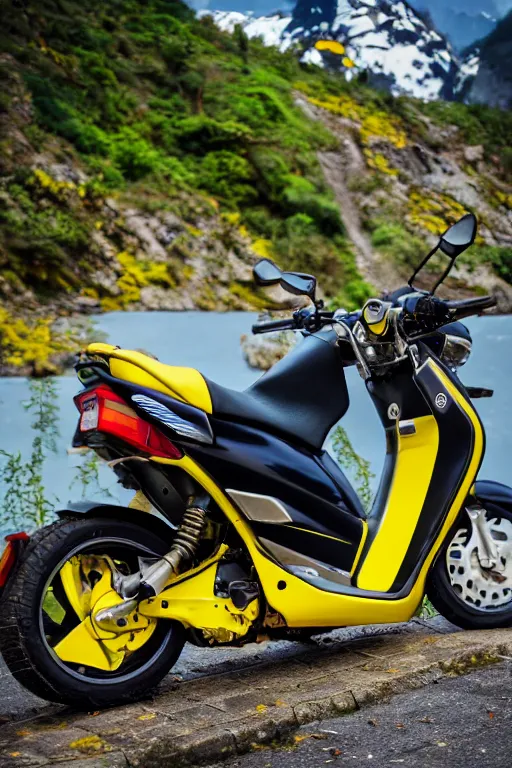 Image similar to yamaha dio with yellow, carbon and white paintjob, mountainroad background, midday, 5 0 0 ccm engine, race style, custom scooter, dslr, 8 5 mm, f / 1. 3