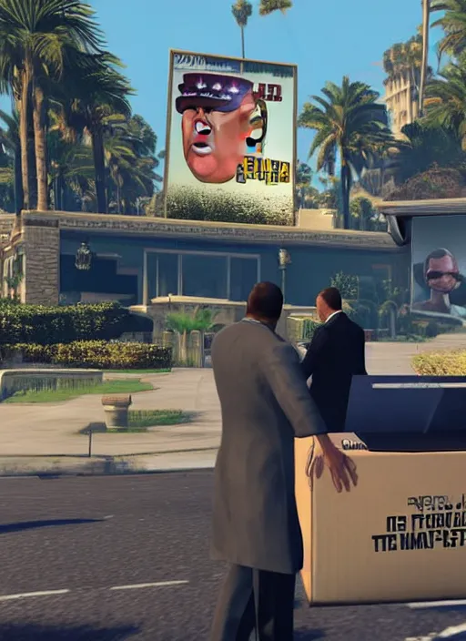 Image similar to gta 5 game poster showing donald trump with cardboard box outside mar - a - lago, wide shot,