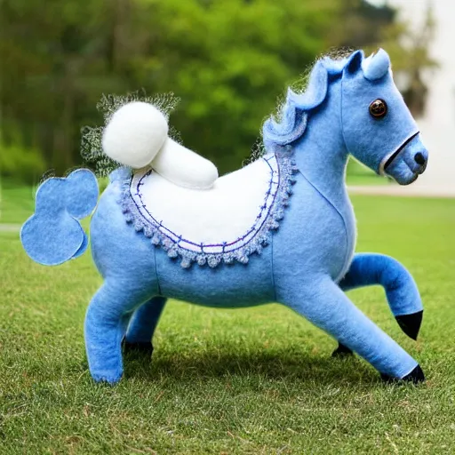 Prompt: a beautiful realistic elegant felt plush horse in dusty blue with ornate detailed embroidered flower decoration