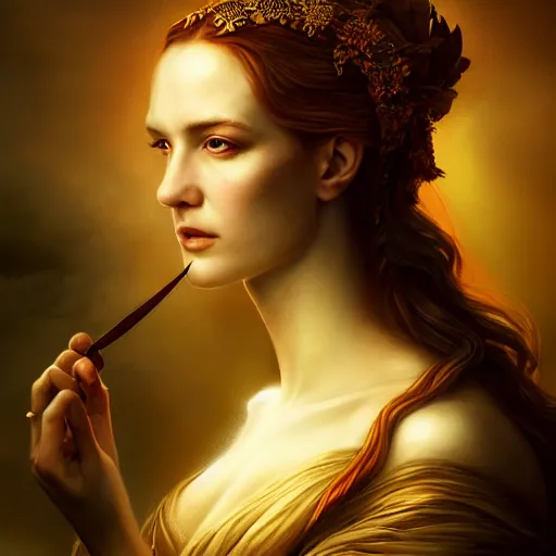 Prompt: majestic gracious regal seductive persephone portrait, ancient greece, atmospheric lighting, painted, menacing, intricate, volumetric lighting, beautiful, rich deep colours masterpiece, golden hour, sharp focus, ultra detailed, by leesha hannigan, ross tran, thierry doizon, kai carpenter, ignacio fernandez rios