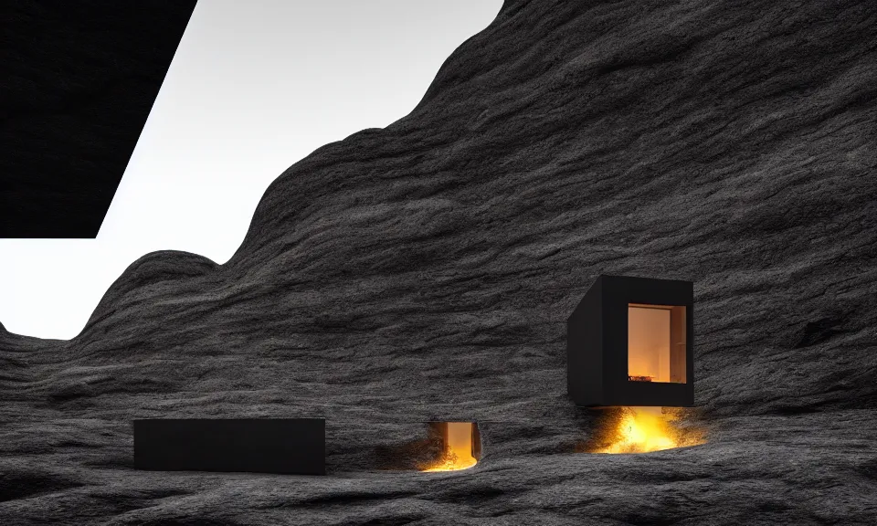 Prompt: tall black geometric house, embedded in lava cliff, full view, black house, molten metal house, minimal, rippled white landscape, dwarven architecture, light from molten iron, octane render, hyper realistic, 8 k, octane render