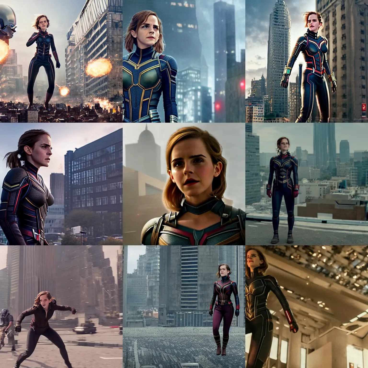 Prompt: Giant Emma Watson grows to an enormous size and attacks a city, film still from 'Ant-Man and the Wasp'