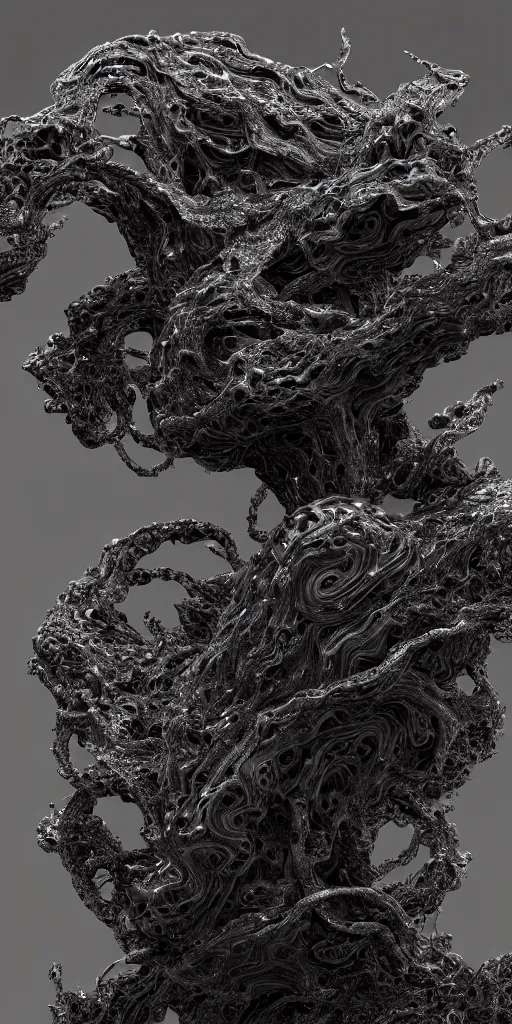 Image similar to a photorealistic render of a topographic sculpture made of melted metal and bioluminescent beings on a black background, c 4 d, by zhelong xu ouchh studio and ernst haeckel, wide angle, hyper realistic, plain black background, 8 k, volumetric lightning, octane render