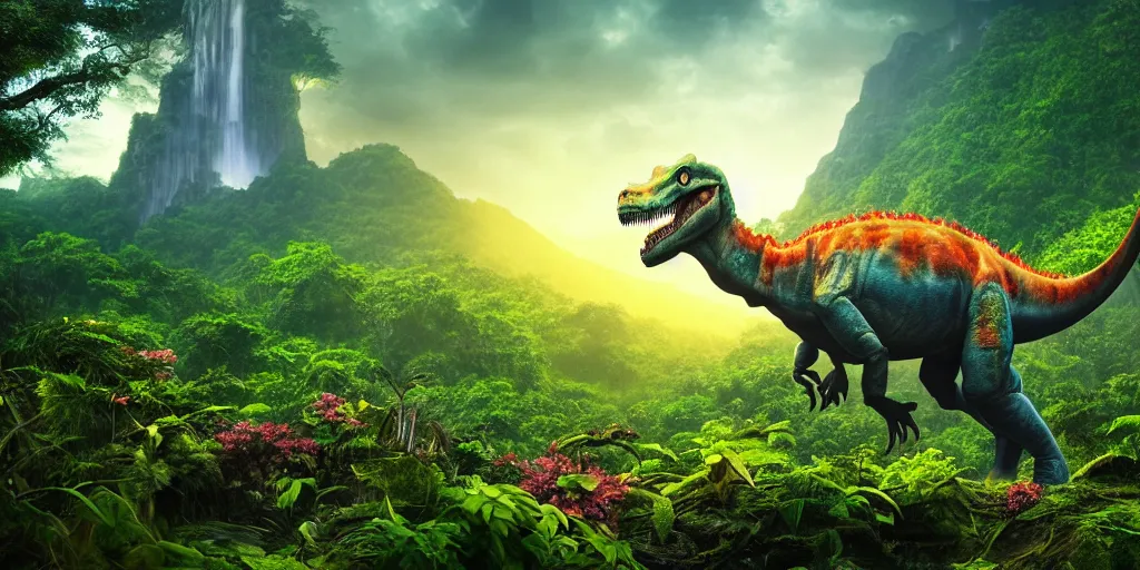 Image similar to a ghost dinosaur in a prehistoric jungle, lush flora, waterfall, mountains, dark towering clouds, flowers, vines, sunset, volumetric lighting, rtx on, washed out colors, an award winning digital render, beautiful, ultradetailed, great composition