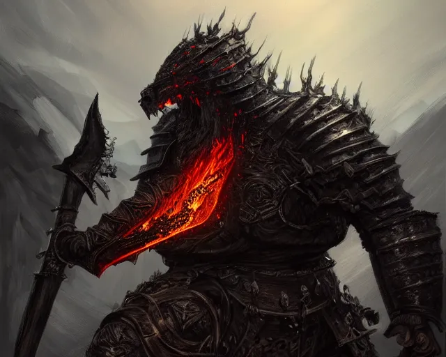 Image similar to realistic side view painting of the king of the mountain, angry, black iron armour, sword, lava, dramatic lighting, intricate, wild, highly detailed, digital painting, artstation, concept art, smooth, sharp focus, illustration