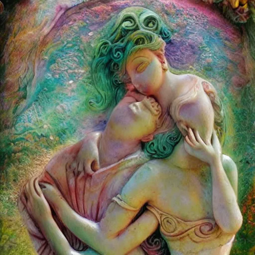 Prompt: marble sculpture abstract figurative art, lovers of spring, josephine wall, dreamy, muted, pastel colors