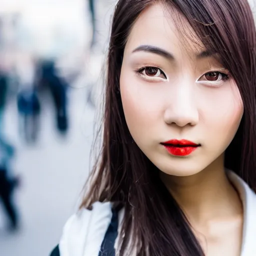 Image similar to beautiful asian female model on streets of tokyo, detailed face, futuristic fashion, portrait photography, sigma 5 0 mm lens