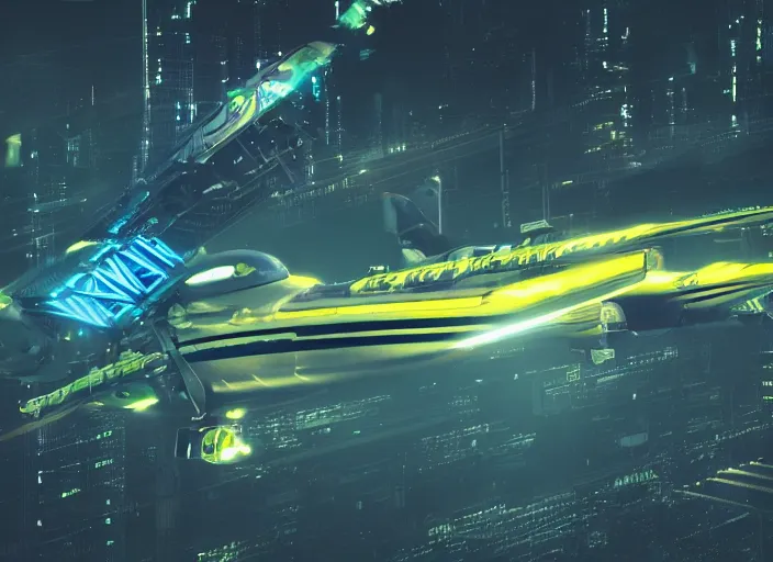 Image similar to Cyberpunk mechanical airplane with neon lights flying in the clouds at night, cinematic