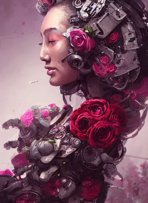 Prompt: portrait of a seductive female with roses, cyberpunk cyborg. roses, muted colors, sci fi, intricate abstract upper body intricate artwork, by tooth wu, wlop, beeple, dan mumford. concept art, octane render, deviantart, greg rutkowski, cinematic arthouse, key art, hyper realism,