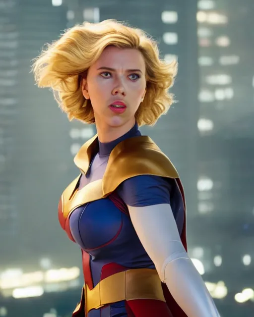 Image similar to scarlett johansson portraying a beautiful power girl from dc, beautiful scarlett johansson power girl, movie, hyper realistic, hollywood promotional image, imax, 8 k