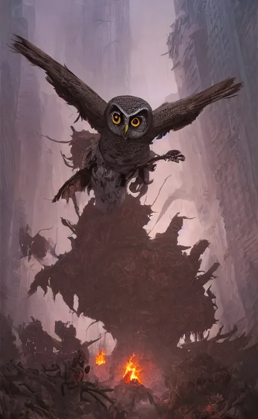 Image similar to the owl people are running away from the burning village, symmetrical face features, front game card, drark, marvel comics, dark, intricate, highly detailed, smooth, artstation, digital illustration by ruan jia and mandy jurgens and artgerm and wayne barlowe and greg rutkowski and zdislav beksinski