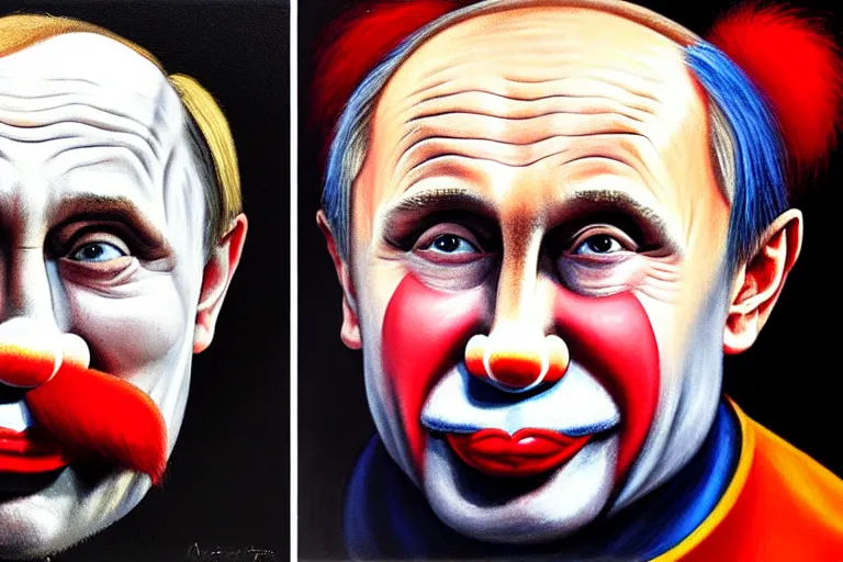 Image similar to putin as a clean-shaven sad hobo clown. head shot portrait. oil painting by emmett kelly.