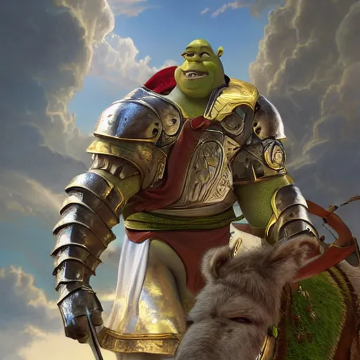 Prompt: shrek bare chested as a glorious devout shining powerful epic amazing awesome very handsome attractive muscular stylish knight in shining golden armor riding donkey, fantasy art, highly detailed, photorealistic, octane render, 8 k, unreal engine, art by artgerm and greg rutkowski and alphonse mucha