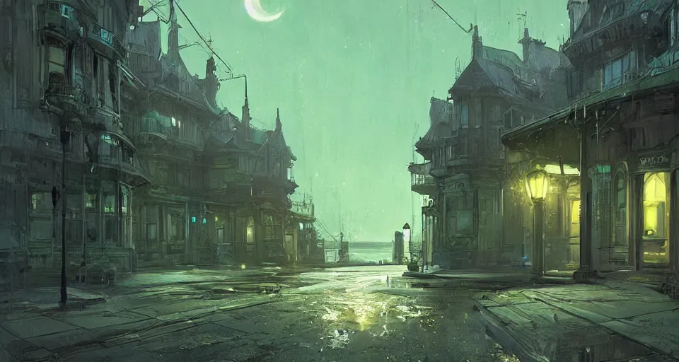 Image similar to seaside victorian building, green, cool color palette, night, dark, moon in the sky, concept art by Cédric Peyravernay