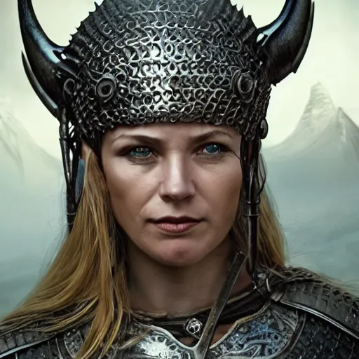 Image similar to Photo of a majestic fierce viking woman wearing a viking helmet, metal armor made of chainmail, leader, fear, awe, highly detailed, viking attire, cinematic, 8k, 1080s, by Stanley Artgermm, Tom Bagshaw, Greg Rutkowski, Vincent di Fate, Carne Griffiths, Ayami Kojima, trending on DeviantArt, hyper detailed, full of color, digital art,