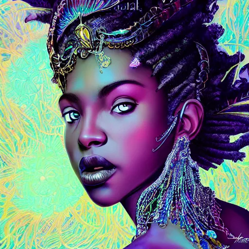 Prompt: the portrait of the absurdly beautiful, graceful, elegant, gorgeous, sensual black young goddess made of crystals, an ultrafine hyperdetailed illustration by kim jung gi, irakli nadar, intricate linework, bright colors, octopath traveler, final fantasy, unreal engine 5 highly rendered, global illumination, radiant light, intricate environment