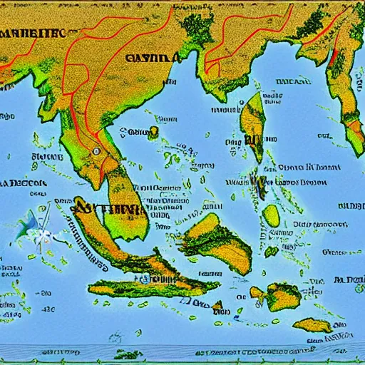 Image similar to isometric view of mainland southeast asia, geographic map, high - detail, high accuracy, in style of old map, fantasy,