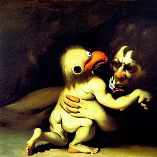 Prompt: a dramatic oil painting of Elmo devouring his son by Francisco Goya