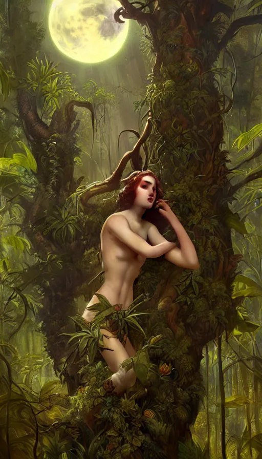 Image similar to hyper realistic alien, lush plants, full moon, light rays, gnarly trees by tom bagshaw, mucha, gaston bussiere, craig mullins, j. c. leyendecker 8 k